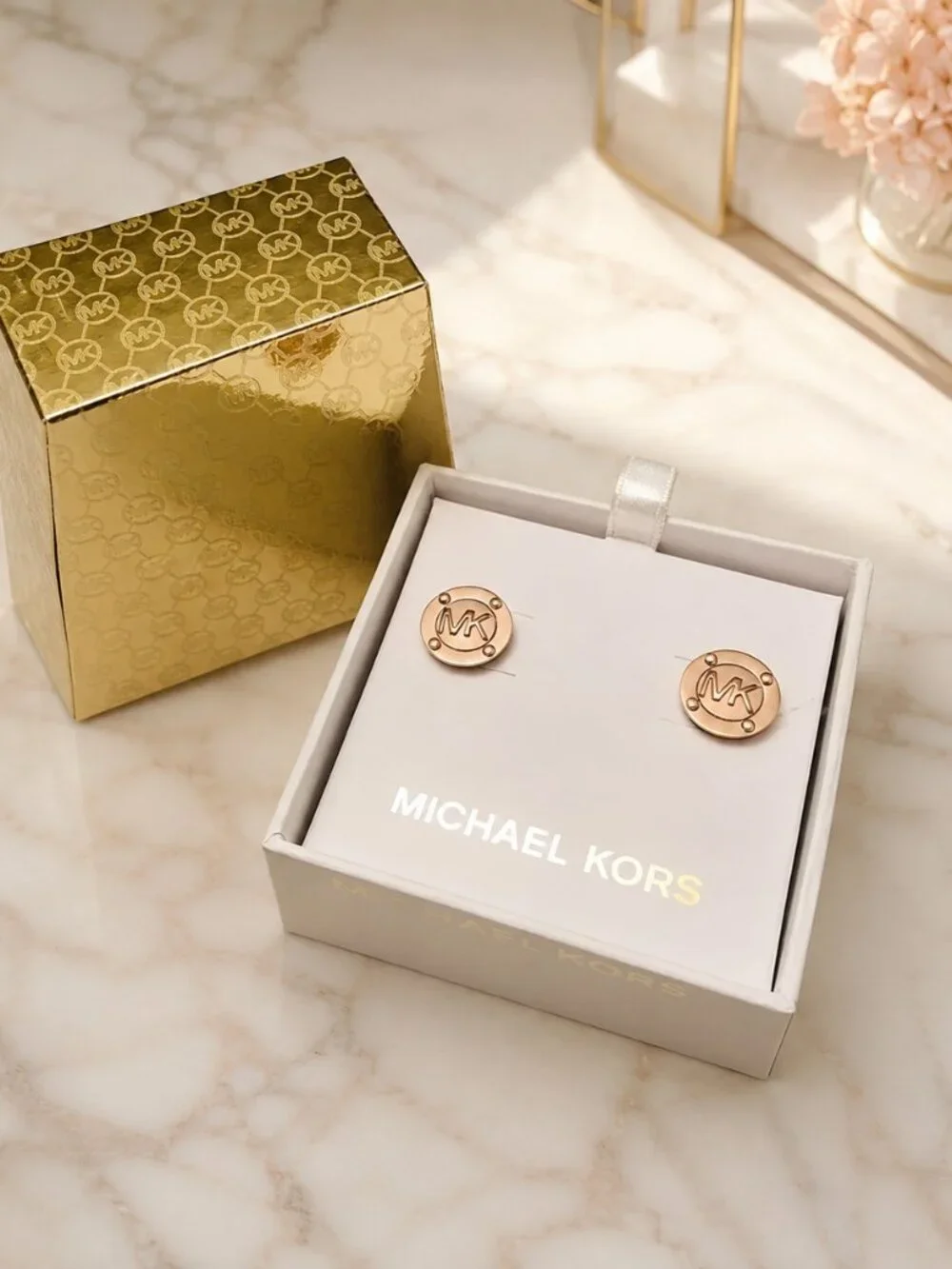 Michael Kors MK Logo Disk Stud Earrings Rose Gold Tone 14mm Authentic NWT